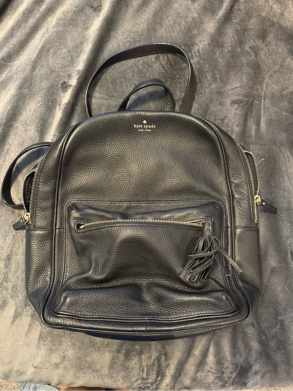 kate spade black pebbled leather backpack with tassel zipper